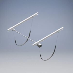 Gulf Coast sling boat lift installed in boathouse for lifting and storing a boat above water.