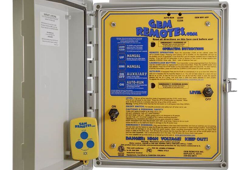 GEM boat lift remote system for wireless control of boat lifts with convenient and reliable operation